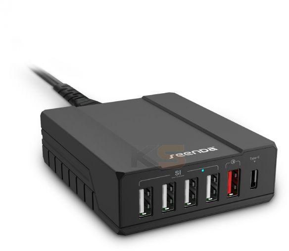 Seenda ICH-03SQ50 6-Port Desktop USB Charger with Quick Charge 2.0 & Type-C USB Port Charging Station Power Adapter-Black