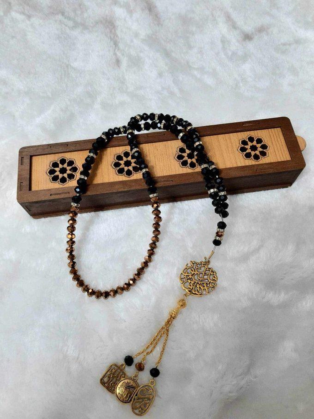 RA accessories Set Of Unisex Islamic Crystal Rosary Black * Golden & Incense Box