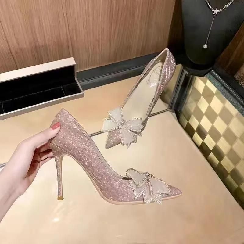 Women's Shoes > Heels Silver high heels women's stiletto heel fairy wind French dress bridesmaid golden wedding shoes pointed shallow bow shoes