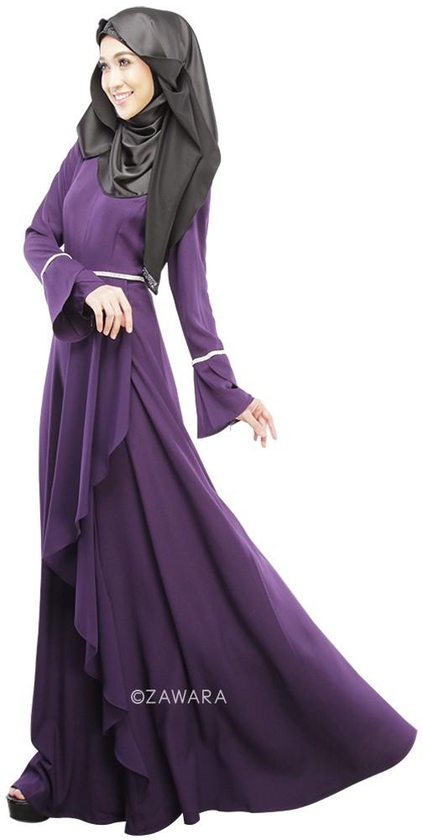 Long Sleeve Bell Cuffs Ruffled Muslim Dress - 2 Sizes (4 Colors)