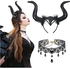 Excefore Women Gothic Horns Black Evil Witch Headband Cosplay Queen Horn Headpiece with Retro Lace Necklace for Women Masquerade Dress Up World Book Boy Girl Costume Accessories
