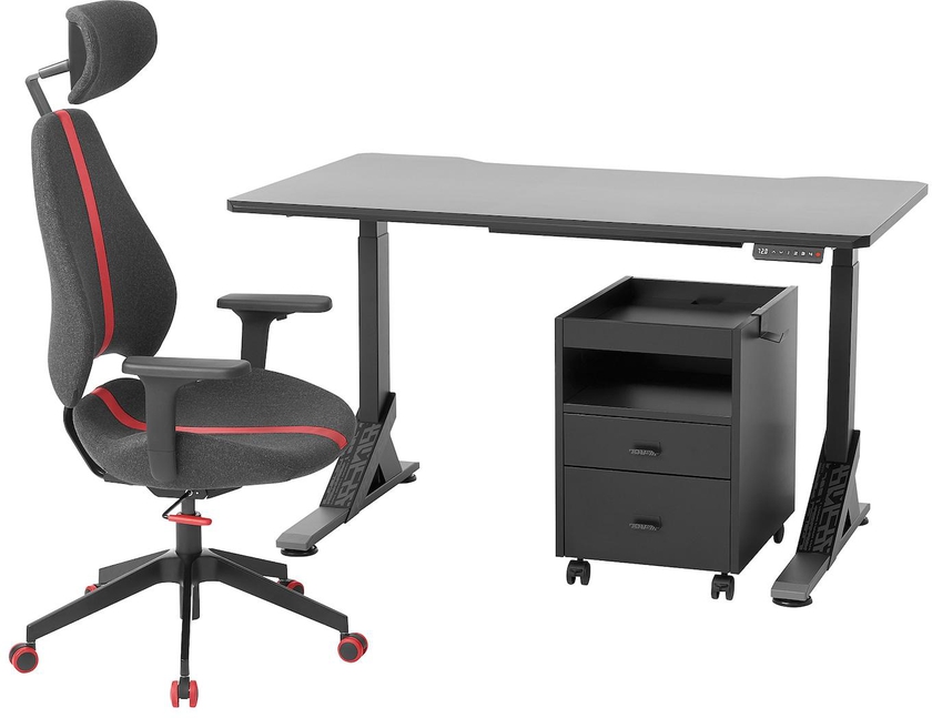 UPPSPEL / GRUPPSPEL مكتب، كرسي ووحدة درج - أسود/رمادي ‎140x80 سم‏