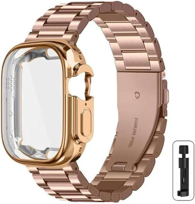 Compatible With IWatch Band 49mm With Screen Protector Case Cover Stainless Steel Link Bracelet For IWatch Ultra - Ultra 2 Series 8/9 (Rose Gold)