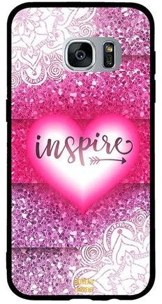 غطاء حماية واقٍ لهاتف سامسونج جالاكسي S7 نمط قلب وردي مطبوع بكلمة "Inspire"