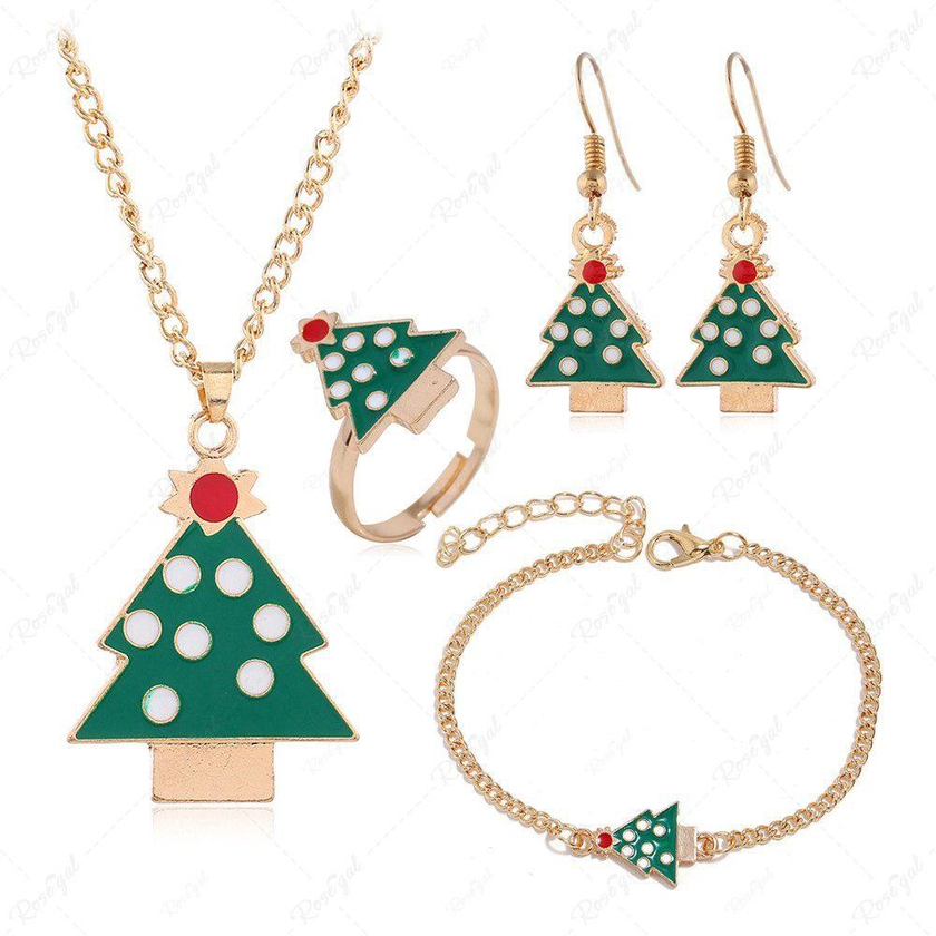 4Pcs Christmas Tree Pendant Necklace Earrings Bracelet Ring Set