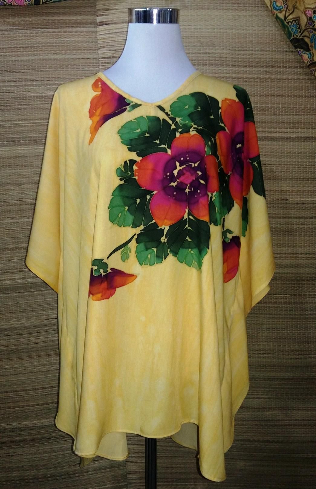 Lady Casual Short Kaftan - Poncho Blouse – Handrawn-Span Cotton - One size (Yellow)