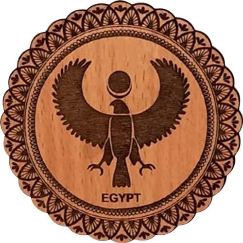 قاعدة أكواب/كوستر دائرية من الخشب بتصميم فرعونى بحفر ليزر غائر للصقر الملكى، سُمك 6 ملم من ساين اند ديزاين، مقاس 0.6 × 9.5 سم، هافان