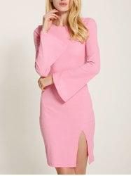 Bell Sleeve Lace Up Fit Slit Jumper Dress - Pink - M