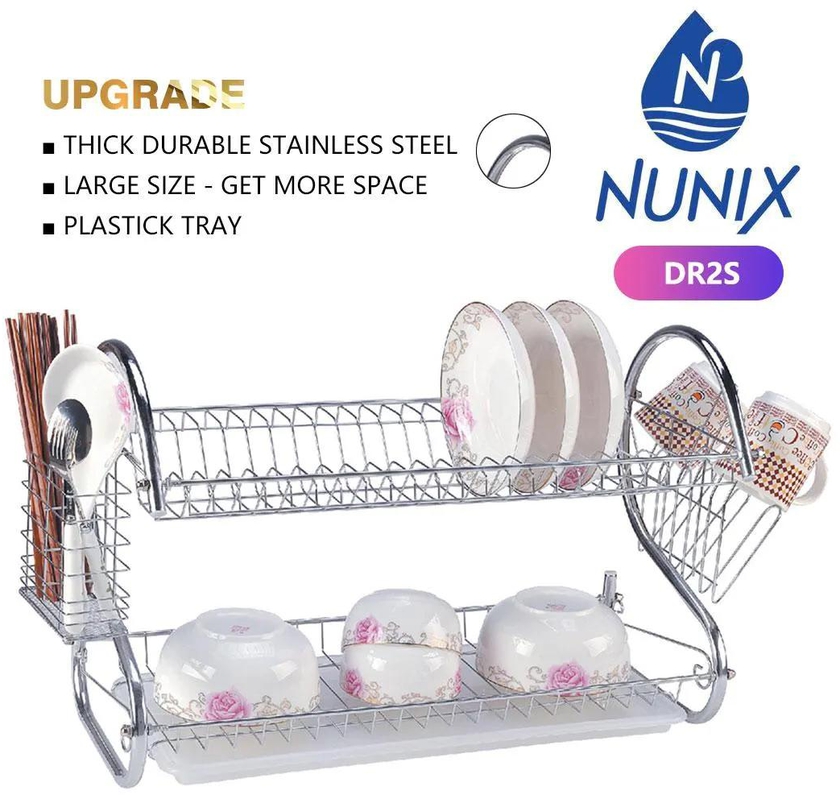 Nunix 2 Tier Stainless Steel Kitchen Dish Rack With Drain Board (Drainer)