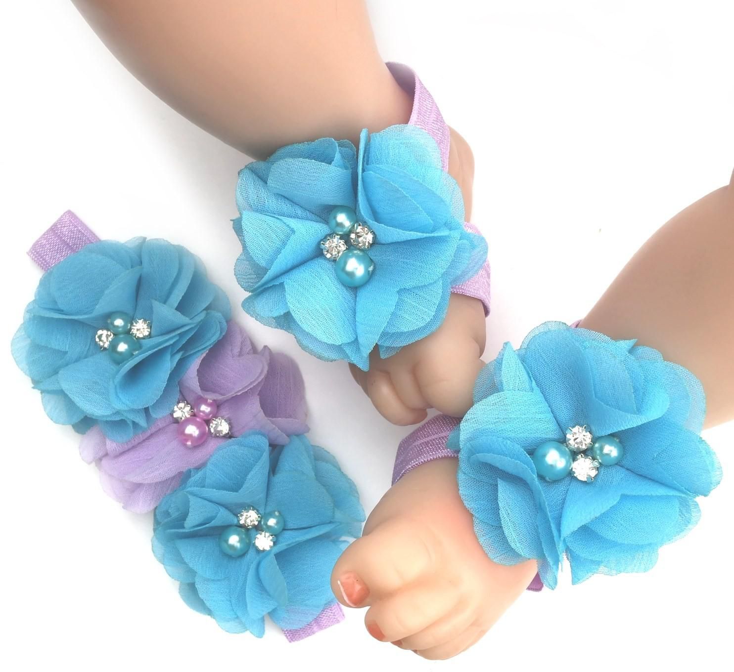 ISABELLA Baby Headband and Barefoot Sandals, Newborn Baby Girl Flower Set (10 Colors)