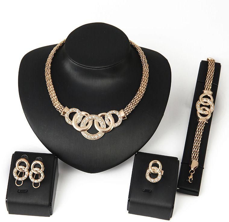 18K Gold Plated Austrian Crystal Necklace Earrings Bracelet Ring Round Clasp Round Jewelry Sets