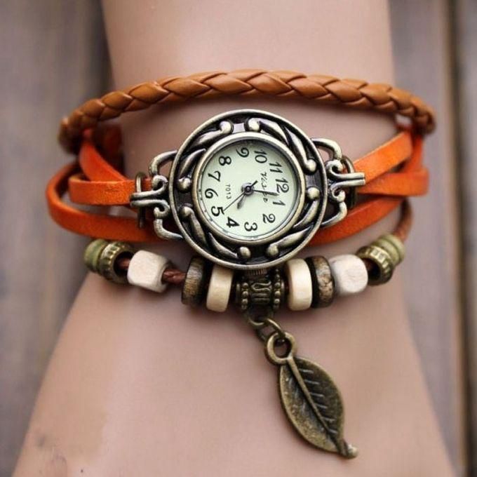 Duoya Womens Bracelet Weave Wrap Quartz Leather Leaf Beads Wrist Watches-Yellow