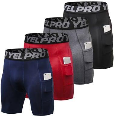 4-Piece Compression Side Pocket Workout Shorts Set Blue/Red/Grey/Black