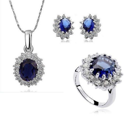Oval Lab-Created Ceylon and White Sapphire Frame Ring, Necklace and Earrings 18K White Gold plated Jewelry Set. Ring size 8