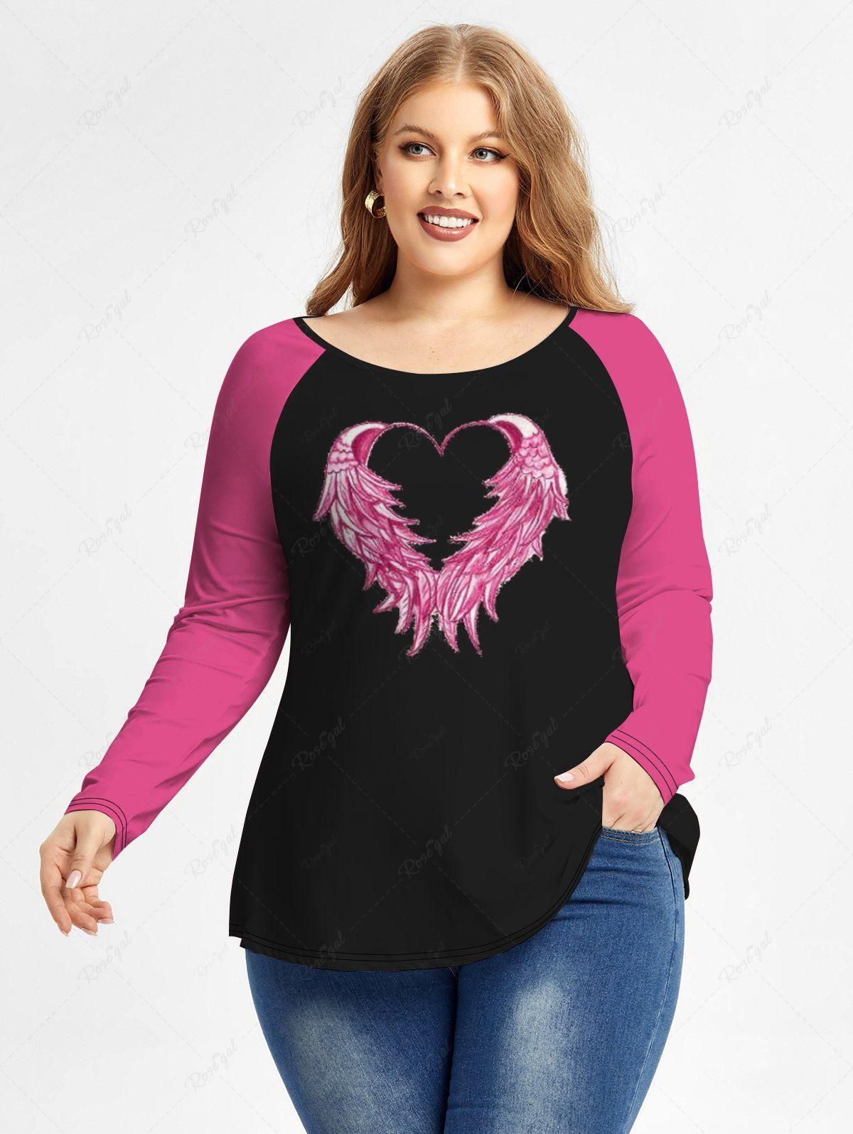 Plus Size Valentine Day Wing Heart Print Raglan Sleeve T-shirt - 5x | Us 30-32