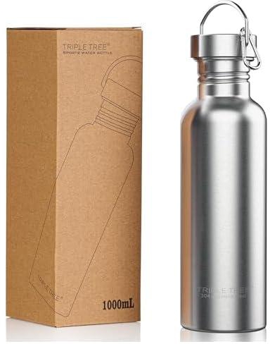 TRIPLE TREE 34 OZ Uninsulated Single Walled 18/8 Food Grade Stainless Steel Sports Water Bottle,Leakproof Wide Mouth Water Bottle Flask for Runners, Hikers, Picnics, Cyclists and Beach Goers