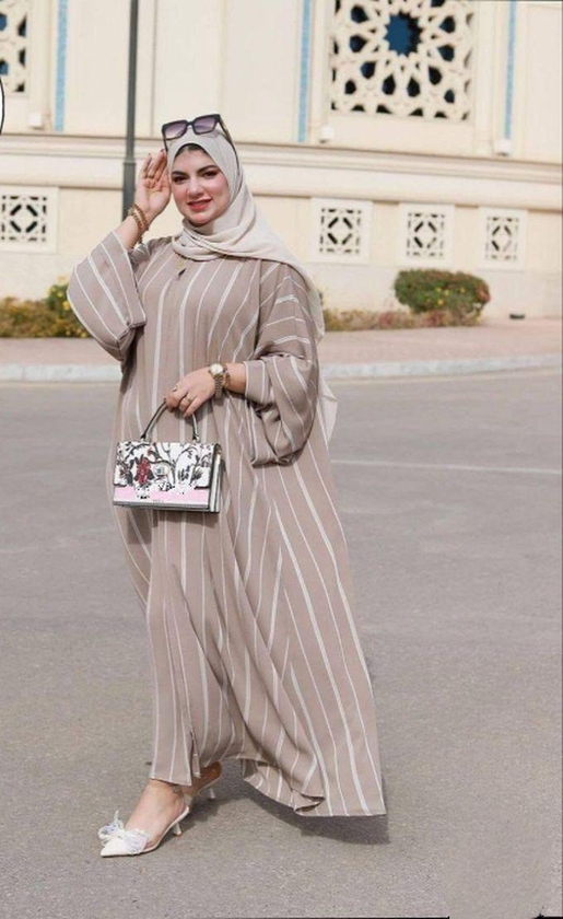Beige And White Striped Casual Dress, High Quality Material