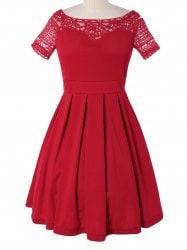 Vintage Lace Spliced Pleated Mini Cocktail Dress - Red - S