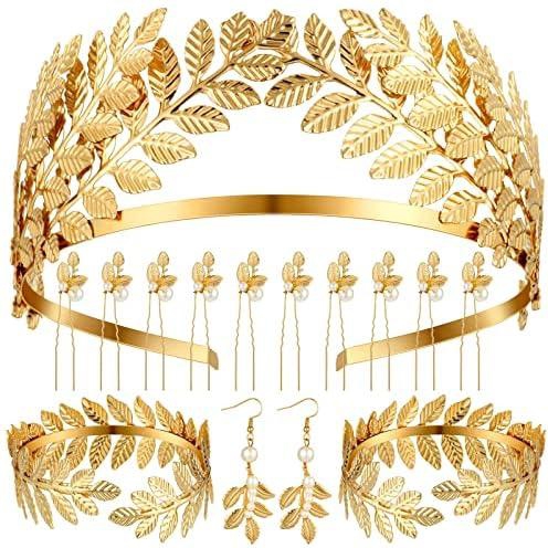 سوار زي جوديس اليوناني، شريط راس بتصميم اوراق ذهبية على شكل تاج للعروس، اقراط لؤلؤ ودبابيس شعر (15 قطعة بتصميم انيق)
