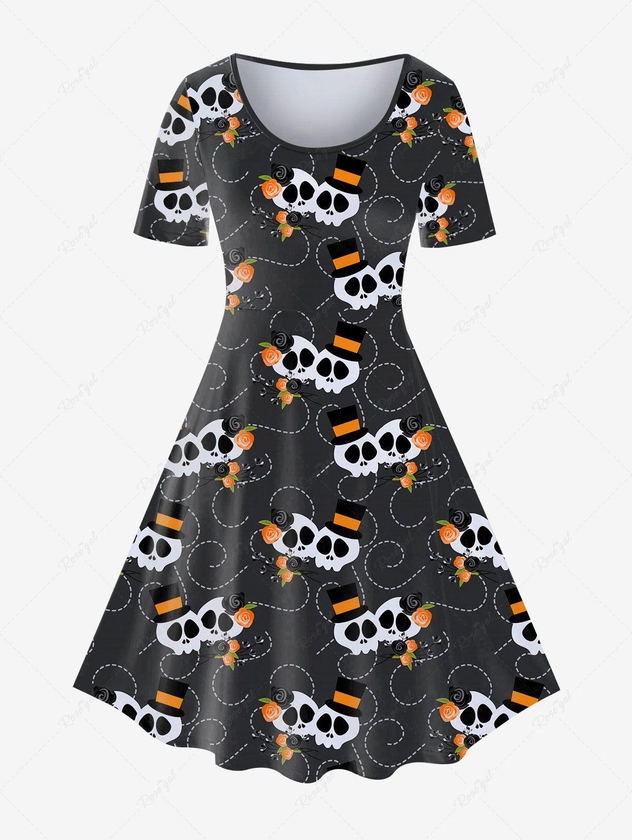 Halloween Skulls Printed Vintage Short Sleeves A Line Dress - 5x | Us 30-32