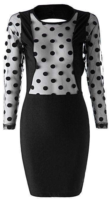 OEM Stylish Round Neck Long Sleeve Backless Mesh Splicing Dress For Women (BLACK)