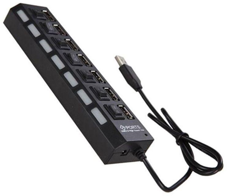 Generic 7-Port USB 2.0 Hub With Individual Power Switch And LED Indicator Black