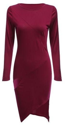 Generic Sexy Round Collar Long Sleeve Hole Design Asymmetrical Slit Dress For Ladies (RED VIOLET)