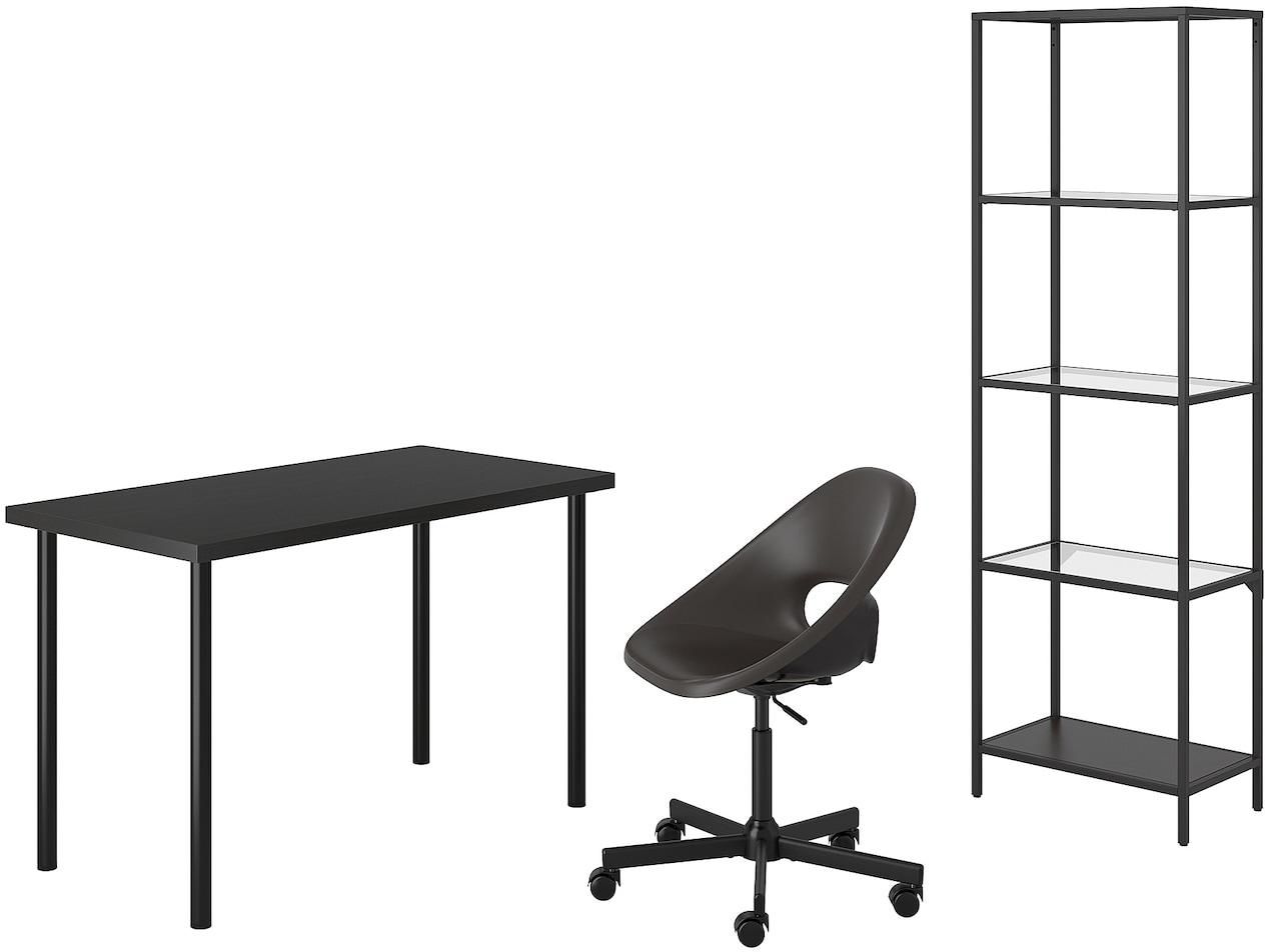 LAGKAPTEN/ELDBERGET / VITTSJÖ Desk and storage combination - and swivel chair black-brown/dark grey