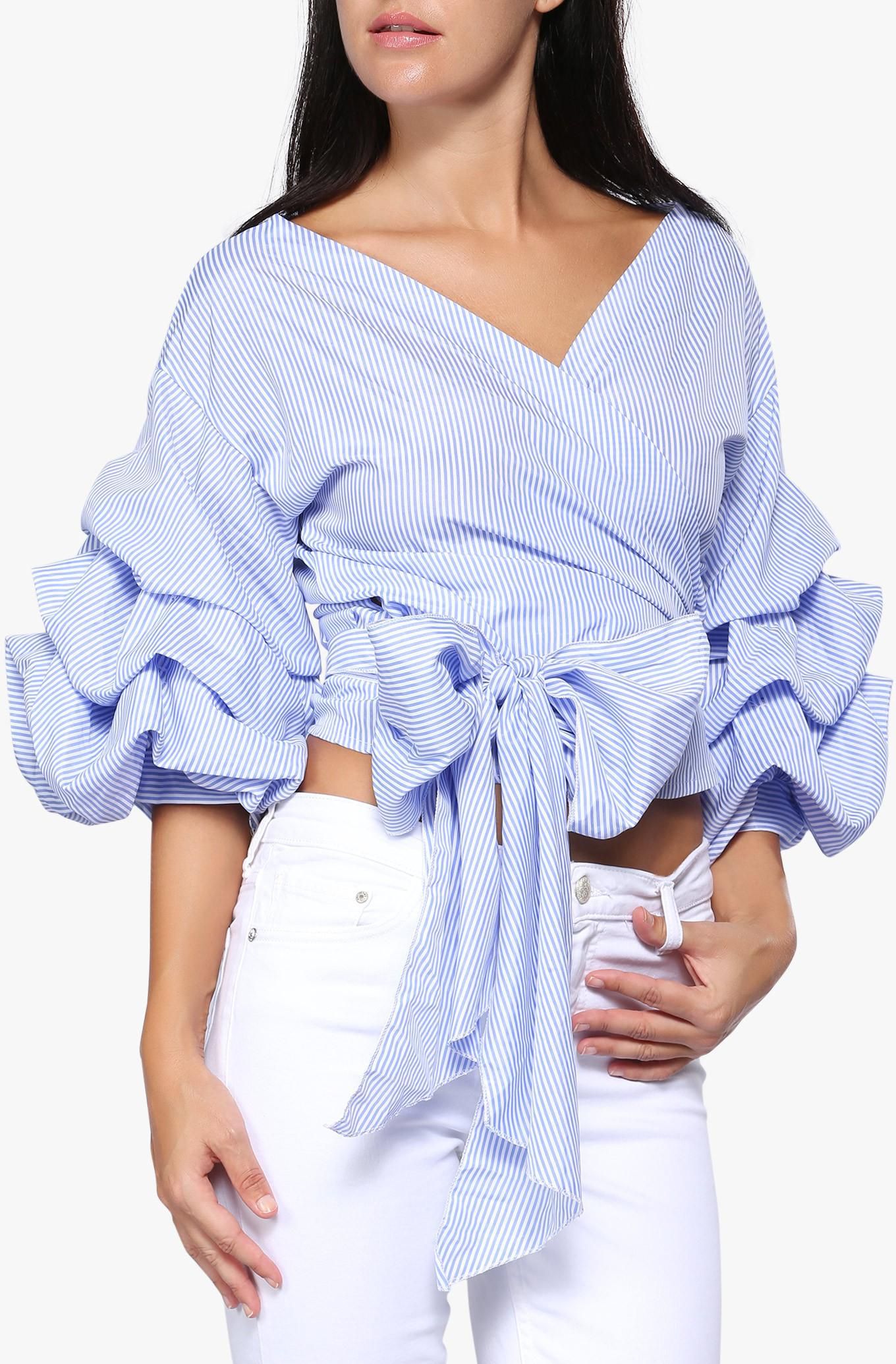 Blue Tie Front Frill Top