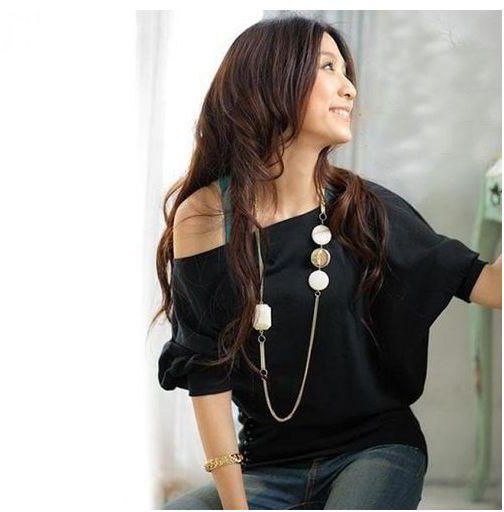 Sunweb Stylish Lady O-Neck Batwing Sleeve Casual Loose Stretch Tops Blouse With Beads ( Black )