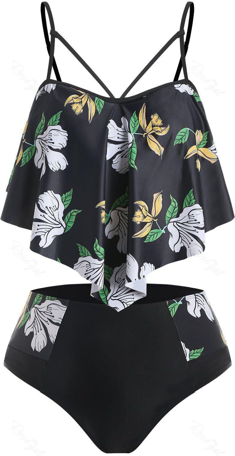 Plus Size Cutout Floral Ruffle Tankini Swimwear - 5x