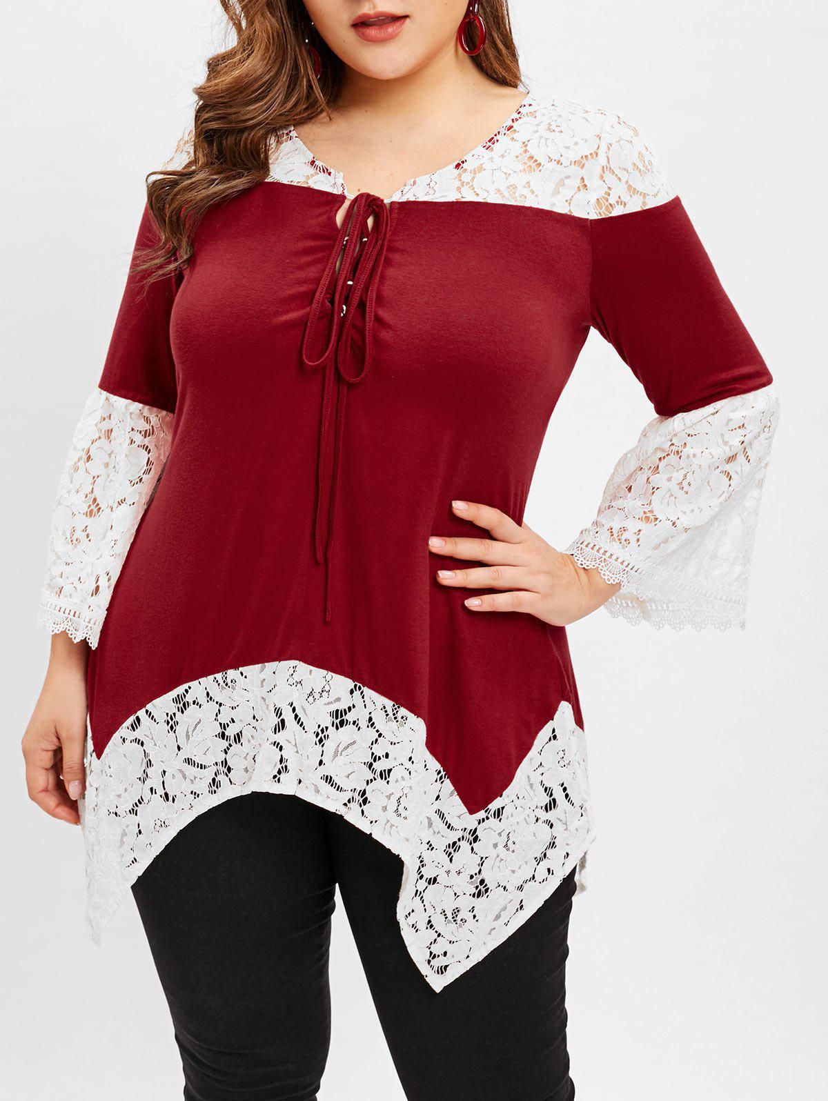 Plus Size Lace Panel Flare Sleeve Asymmetrical Top - L