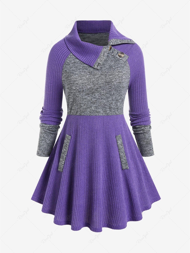 Plus Size Turndown Collar Colorblock Raglan Sleeves Ribbed Sweater - L | Us 12