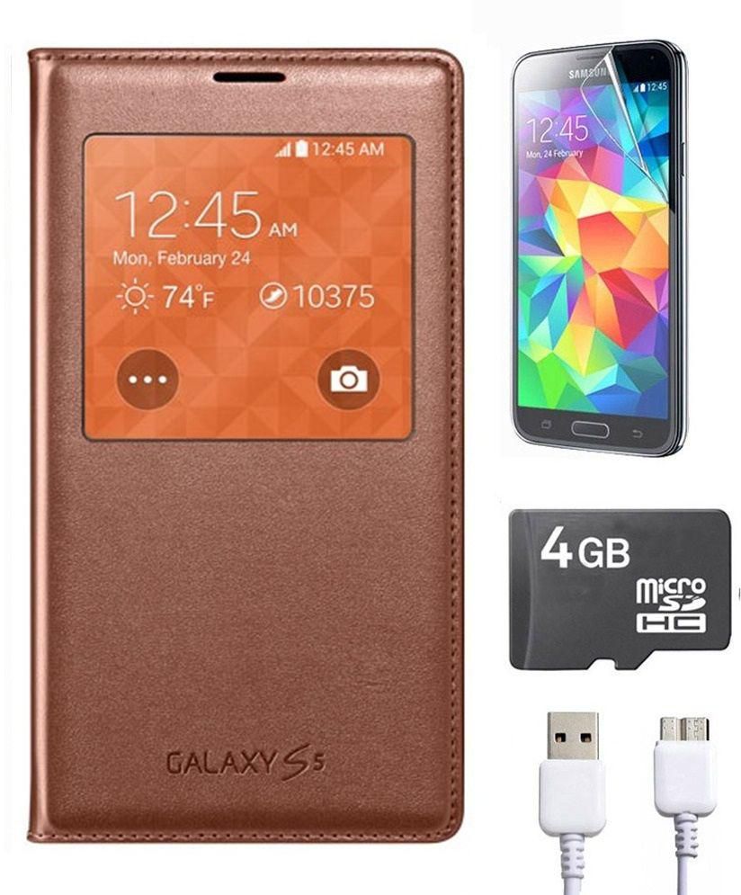 S-View FLIP COVER FOR Samsung Galaxy S5 G900 ‫(Gold rose) With Anti-Glare screen protector & Micro-USB 3.0 Charging Data Cable & 4GB micro SDHC MEMORY CARD