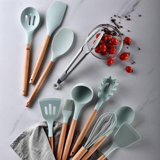 Distribution Set 12 Pieces Silicone With Wooden Handle And Stand
