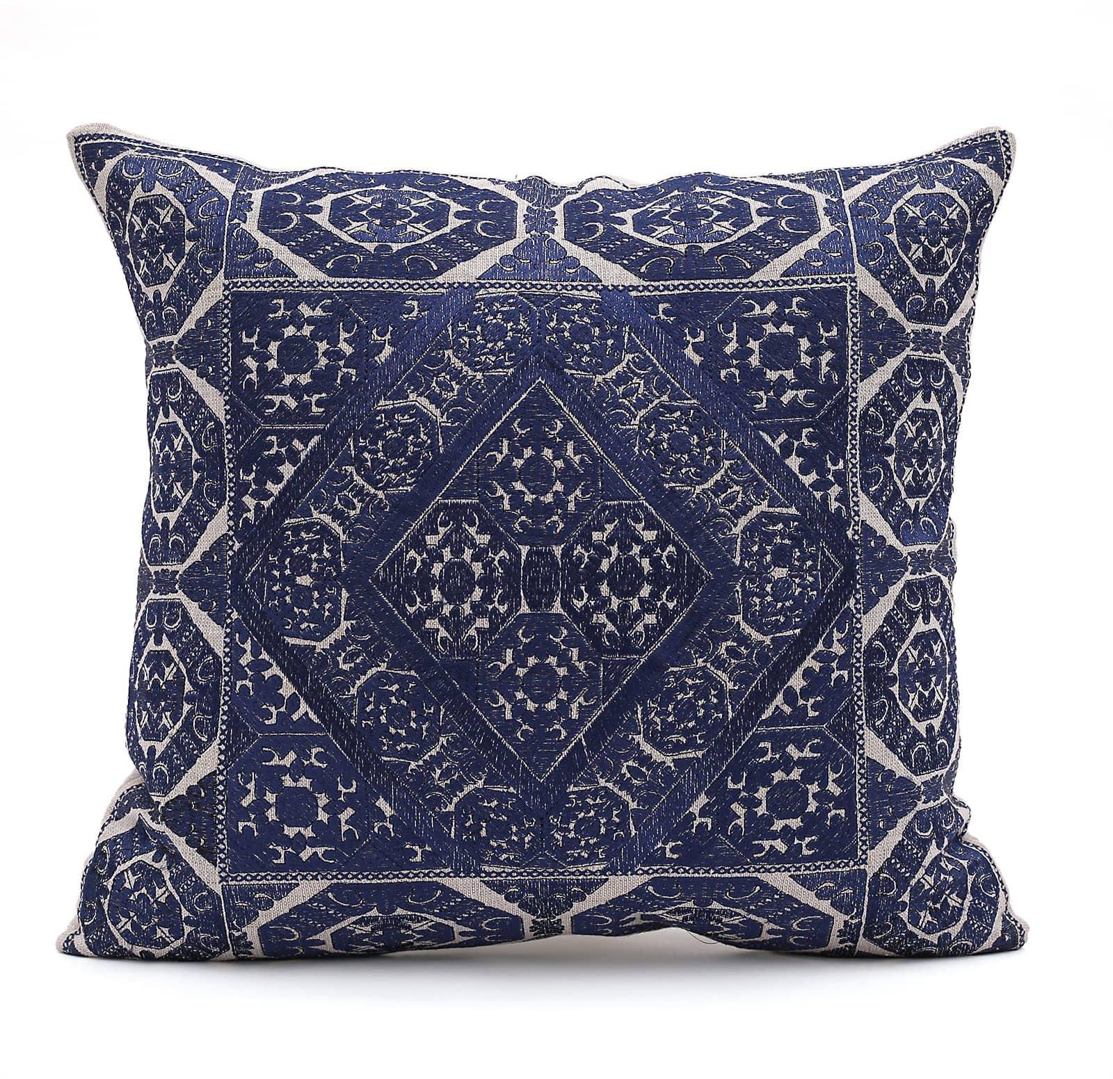 Home Evolution's Indigo Hand Embroidered Cushion Cover with Geometric Patterns