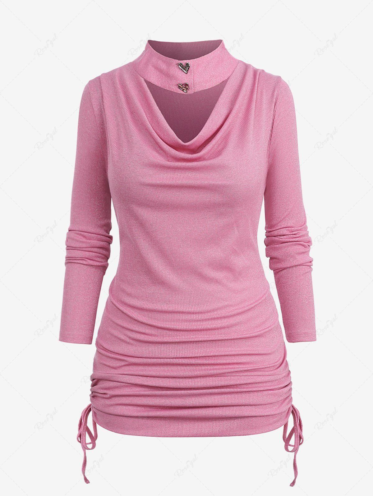 Plus Size Cowl Neck Detachable Collar Cinched Ruched Ribbed Solid Long Sleeves T-shirt - 1x | Us 14-16