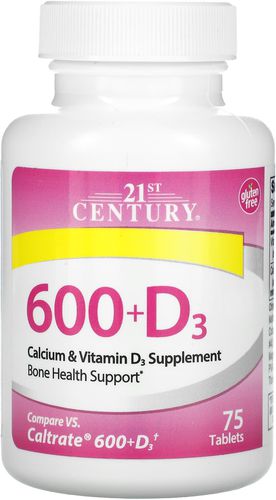 21st Century‏, 600+د3، مكمل غذائي يحتوي على الكالسيوم وفيتامين د3، 75 قرصًا