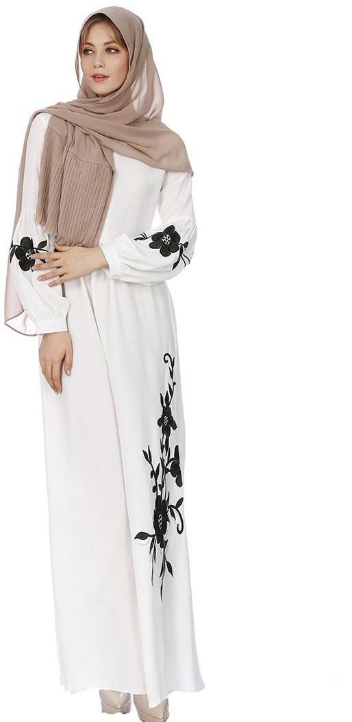 Embroidered Long Sleeve Modest Chiffon Dress - 4 Sizes (White/Black)