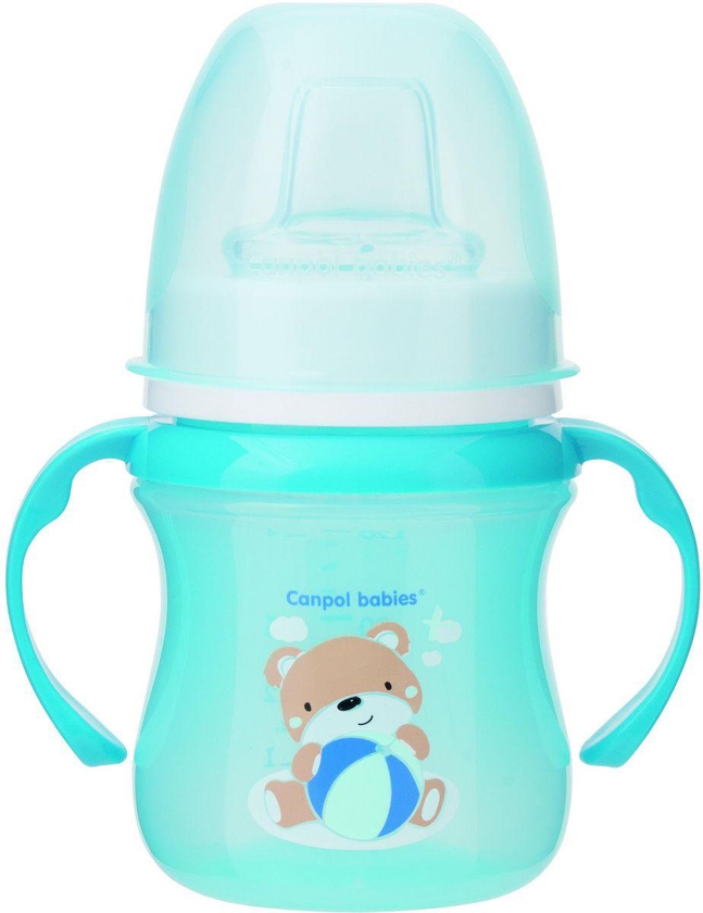 Canpol babies Training cup with soft silicon spout age 6+m 120ml with handles & cover model Sweet Fun color blue