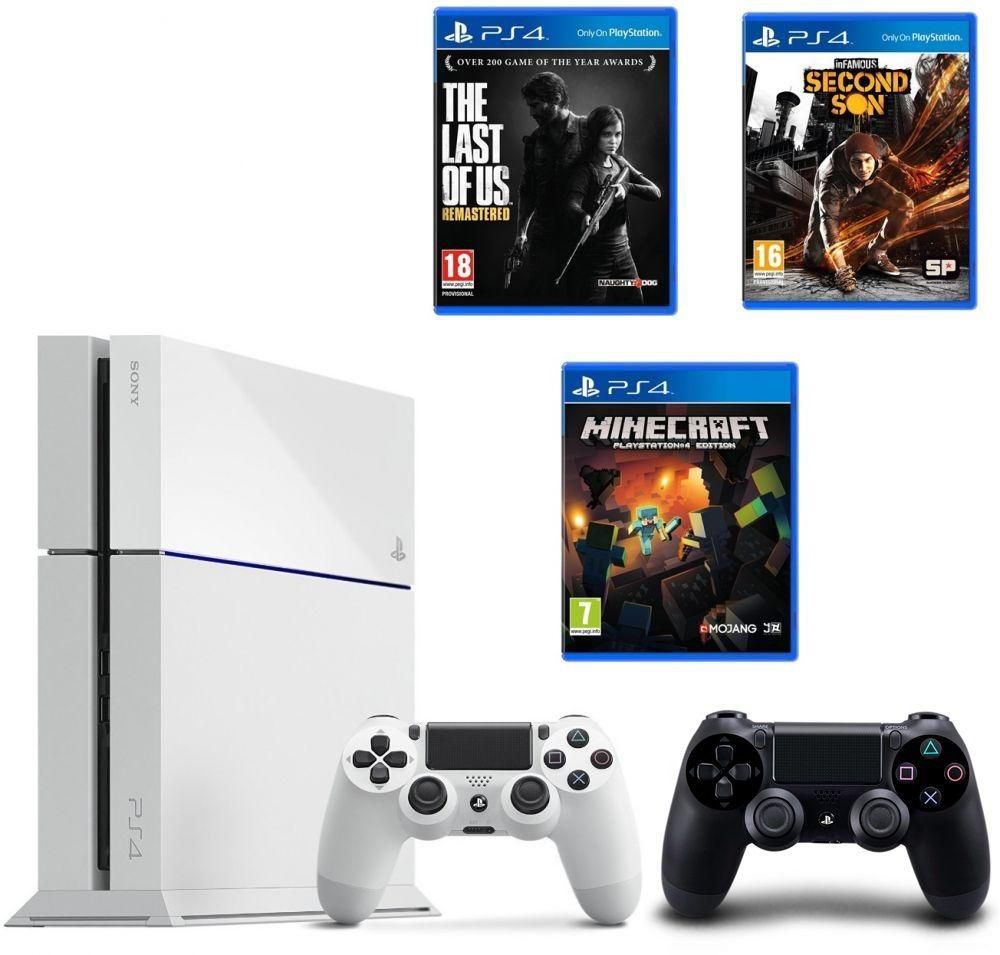 Sony PlayStation 4 - 500GB, White + 2 Controllers Bundle with 3 Games - Last Of Us Remastered + Minecraft + Infamous Second Son