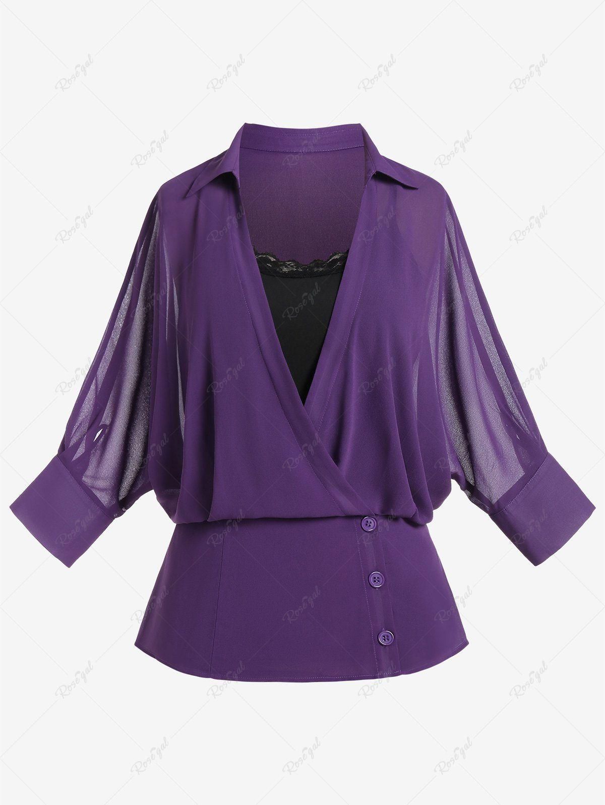 Plus Size Button Up Chiffon Shirt and Lace Trim Camisole - M | Us 10