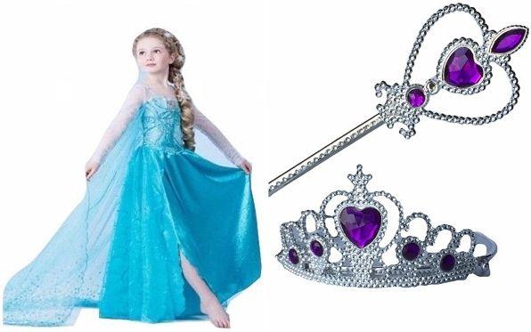 3 Pieces Elsa Anna Blue Dress Frozen With Purple Crown And Wand 9-10 Years