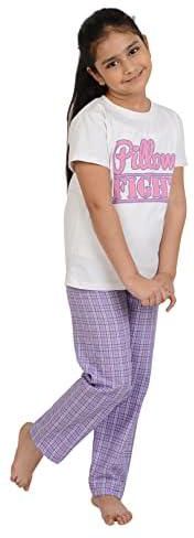 Frangipani Cotton, Regular Fit, Unisex Tee & Bottom White Jersey Printed T-Shirt with Purple Checked Printed Pant Night Suit Pyjama Set for Kids