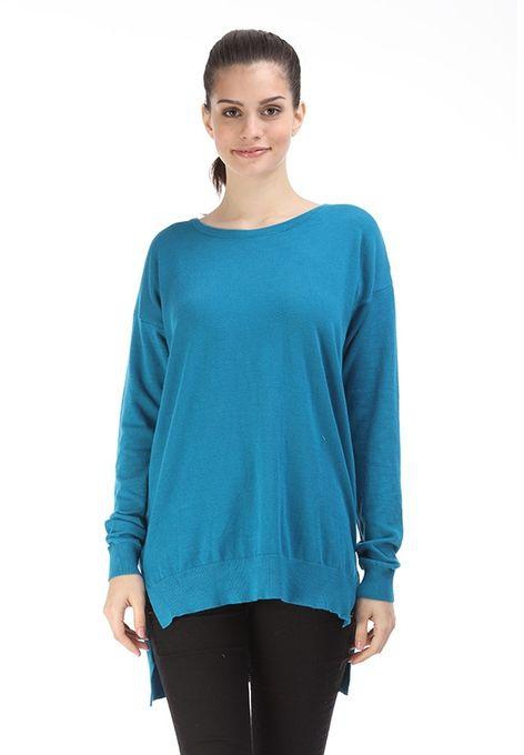 Ravin Basic Sweater , Side Split Hem - Blue