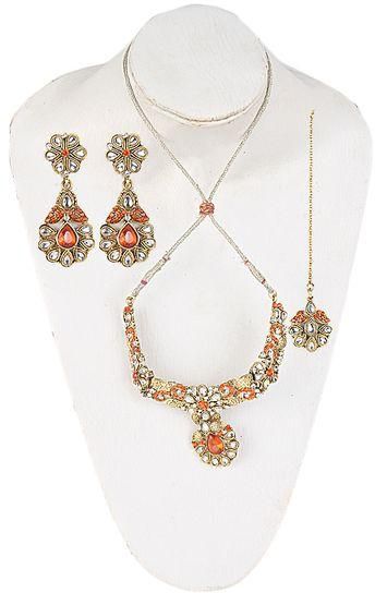 Jewelry Indian Stoned Detailed Jewelry Set - Gold&Orange