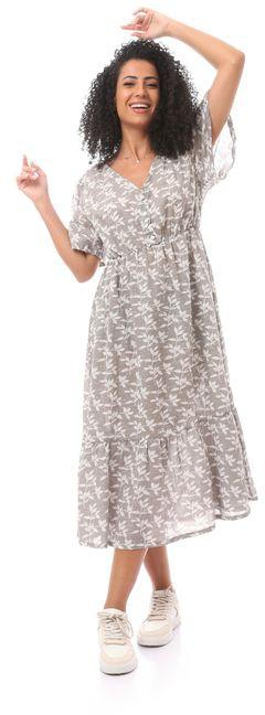 Andora Grey Floral Buttoned Long Sleeve Dress
