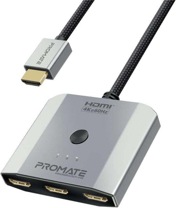 Promate Promate HDMI Switch, 3-in-1 Ultra HD 4k 60Hz HDMI Adapter Converter with Triple HDMI Ports, Compact Design, Switch Button and 50cm Cable for MacBook Pro, MacBook Air, PS5 MediaSwitch-H3