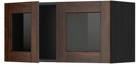 METOD Wall cabinet with 2 glass doors, black, Edserum brown