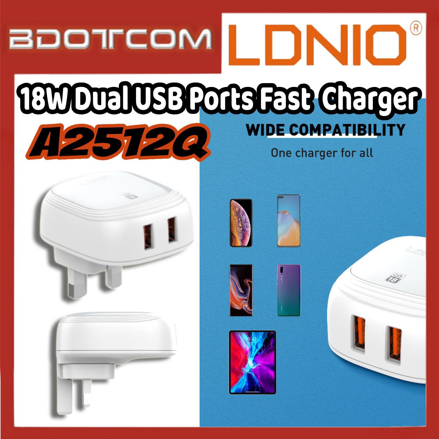 [Ready Stock] LDNIO A2512Q 18W Dual USB Ports Fast Charge Wall Charger